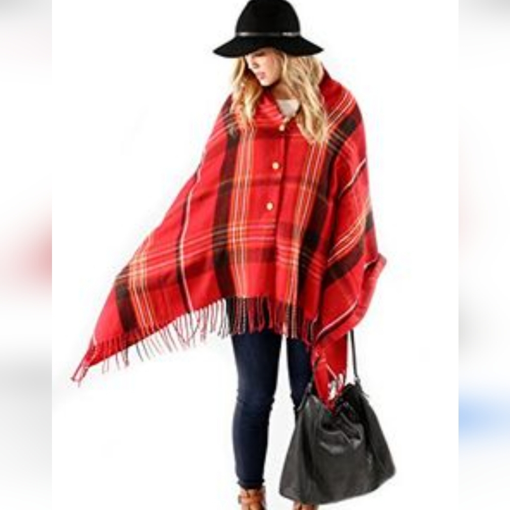Plaid Blanket Scarf with Buttons, Large Shawl or Wrap for Women OS